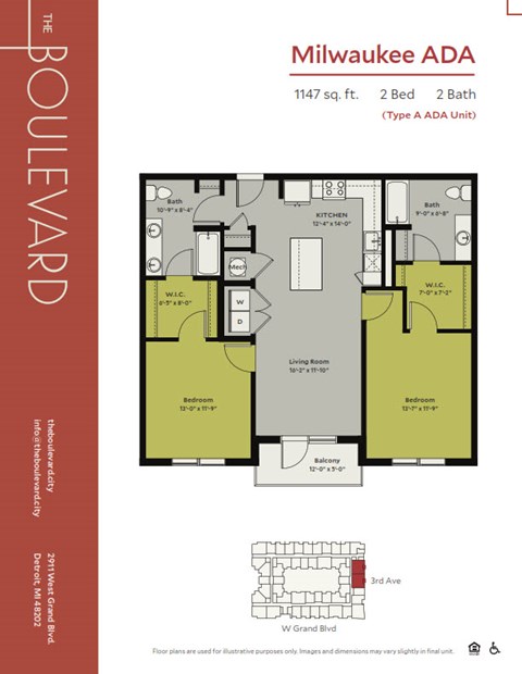 Floor plan for 2 beds, 2 baths, 1147 sqft